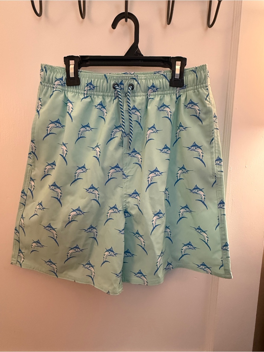 Class Club Light Aqua Swim Trunks with Blue Marlin Print